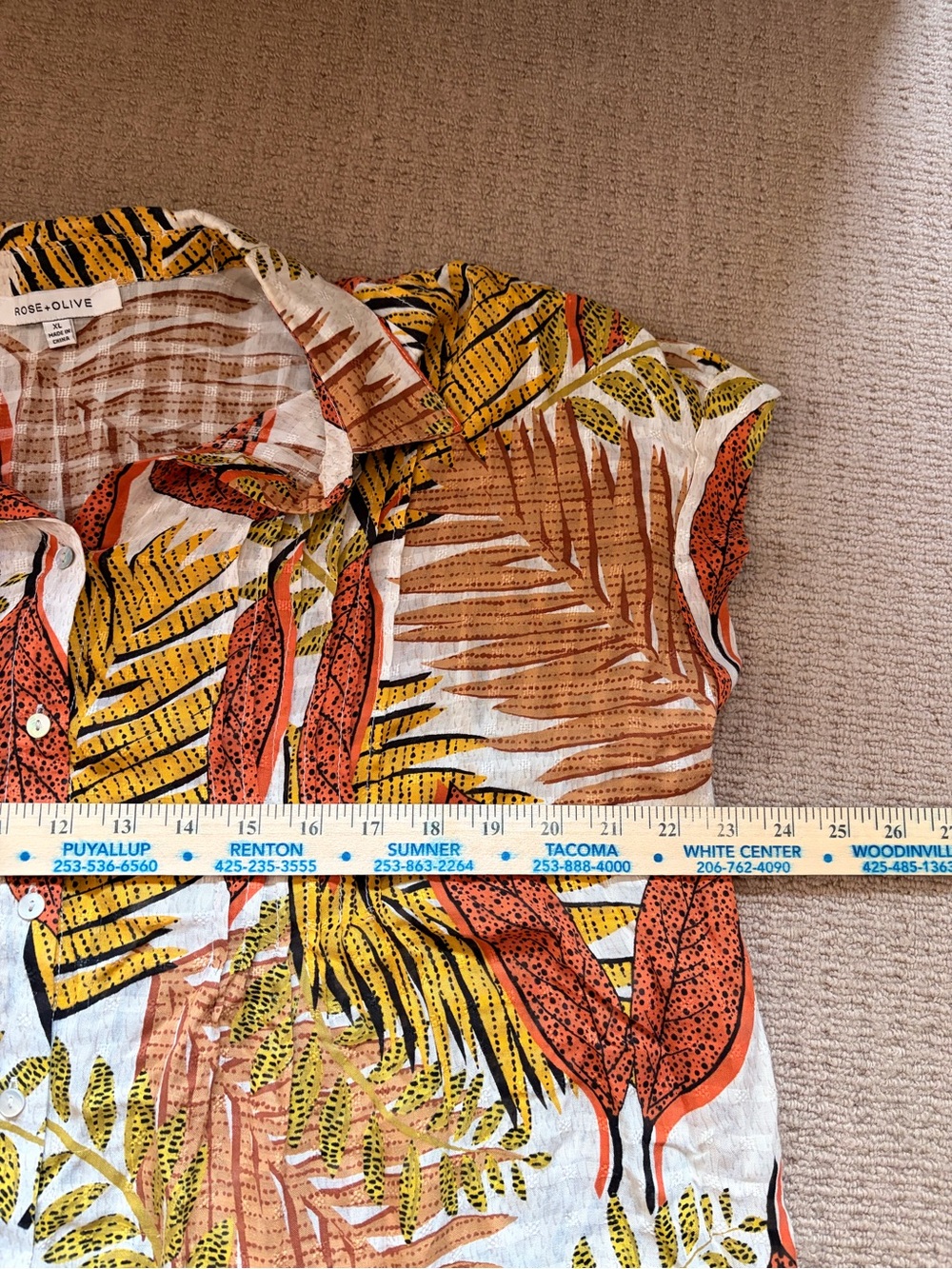 Rose & Olive Tropical Leaf Short Sleeve Button-Down in Rust, Yellow & White - Picture 3 of 5